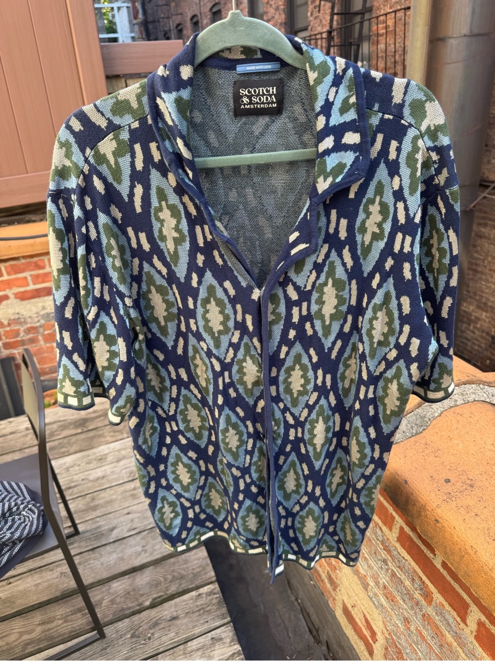 Scotch & Soda Navy and Green jacquard knit Short-Sleeve Button Down